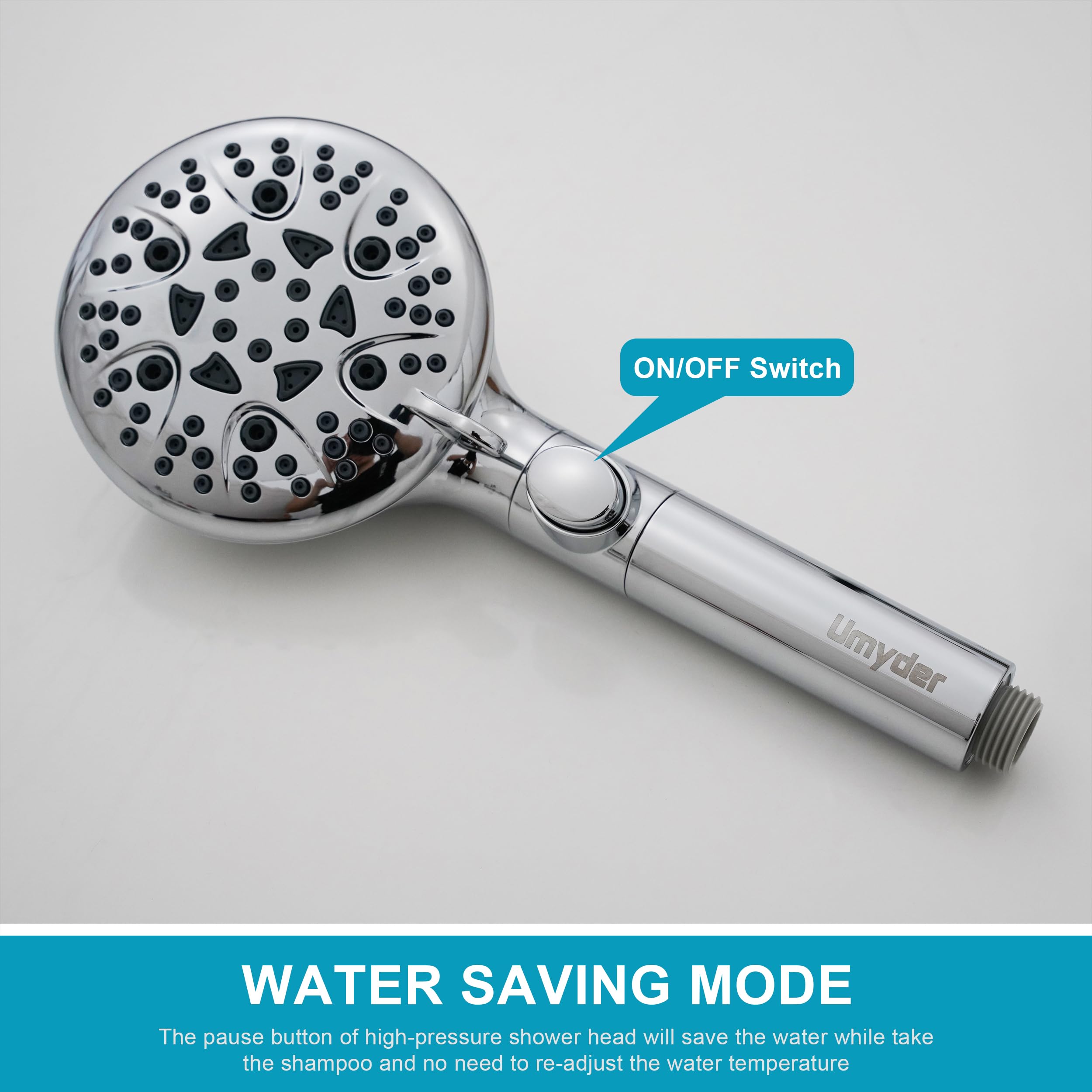 Umyder handheld head showing the on/off switch for water saving