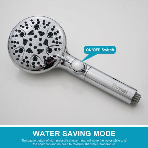 Umyder handheld head showing the on/off switch for water saving