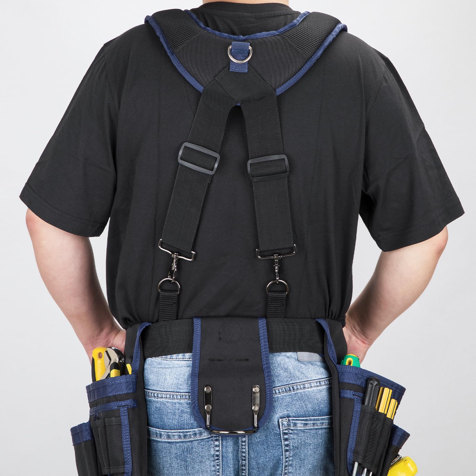 Multifunctional pouch pocket keeps tools and fasteners organized and within reach.