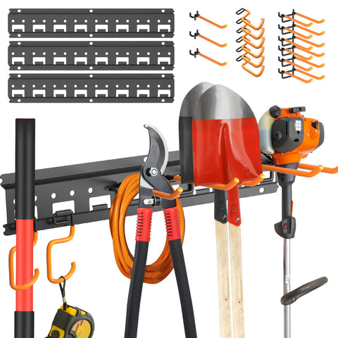Unaikoo pegboard rails keep garden tools organized and accessible.