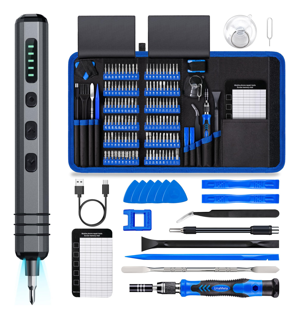 UnaMela mini electric screwdriver with 120 bits for quick electronics repairs