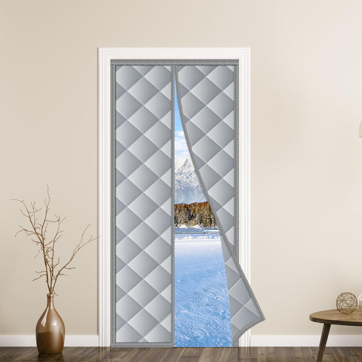 UNAOIWN magnetic thermal door curtain installed on a doorway for easy hands-free entry.