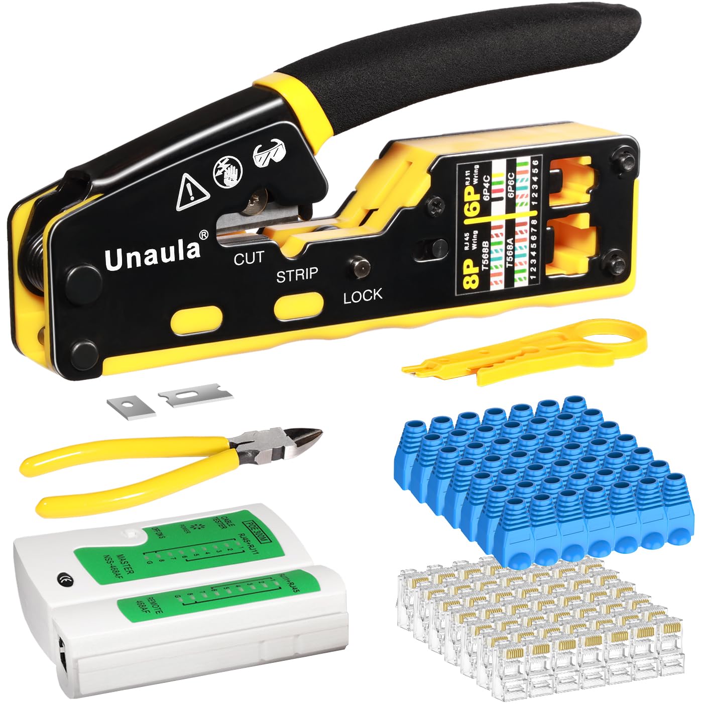 Unaula RJ45 crimp tool front view for reliable terminations