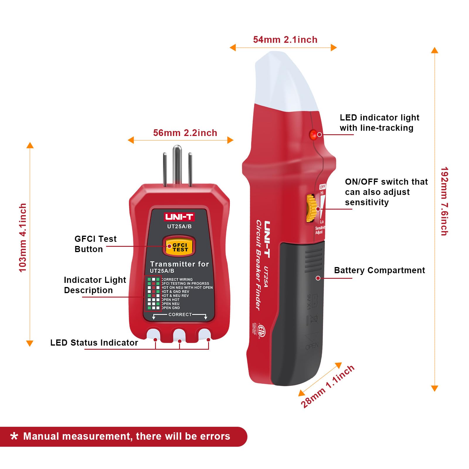UNI-T UT25A package contents include receiver, transmitter, case, and manual.