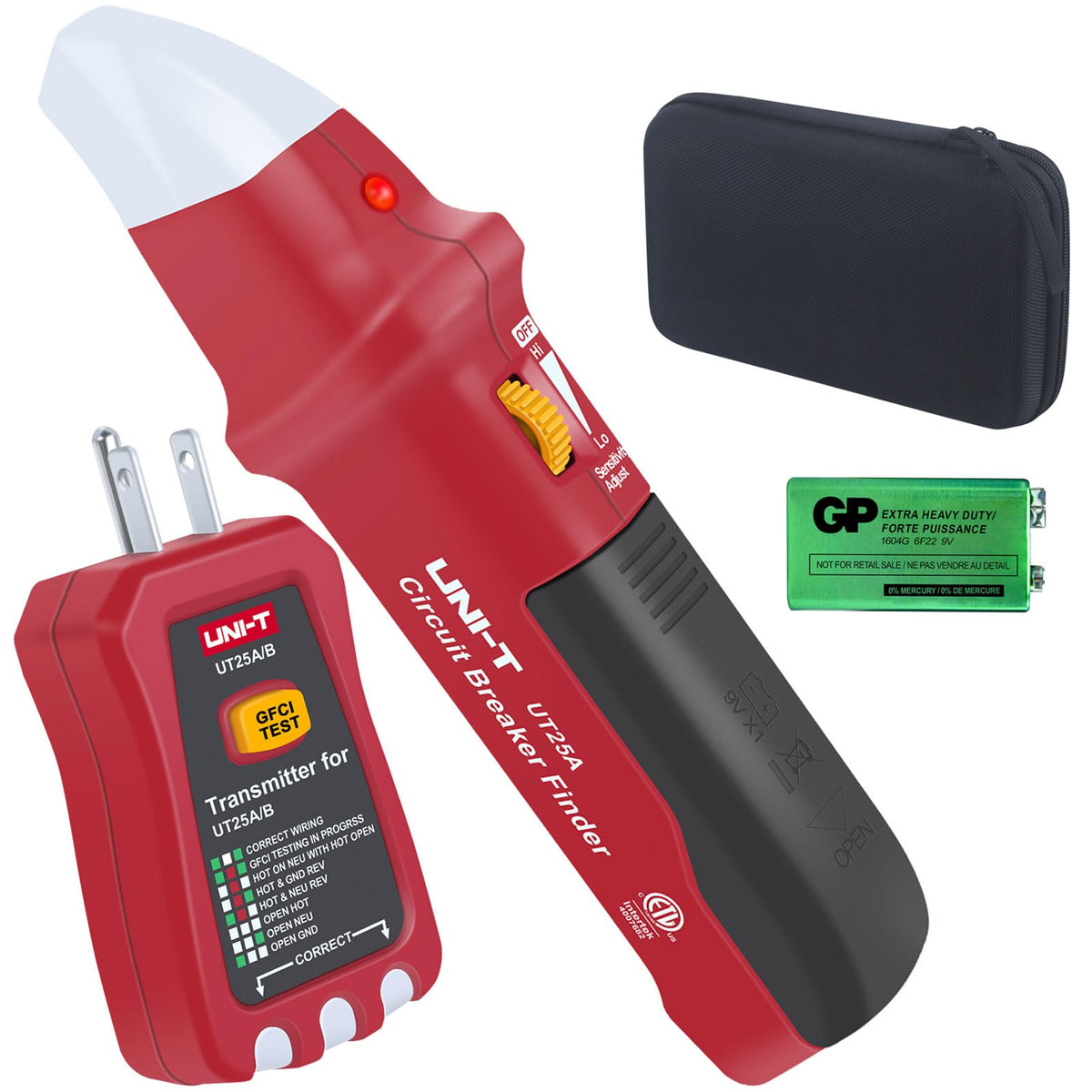 UNI-T UT25A receiver in hand detects live circuits for fast panel identification.