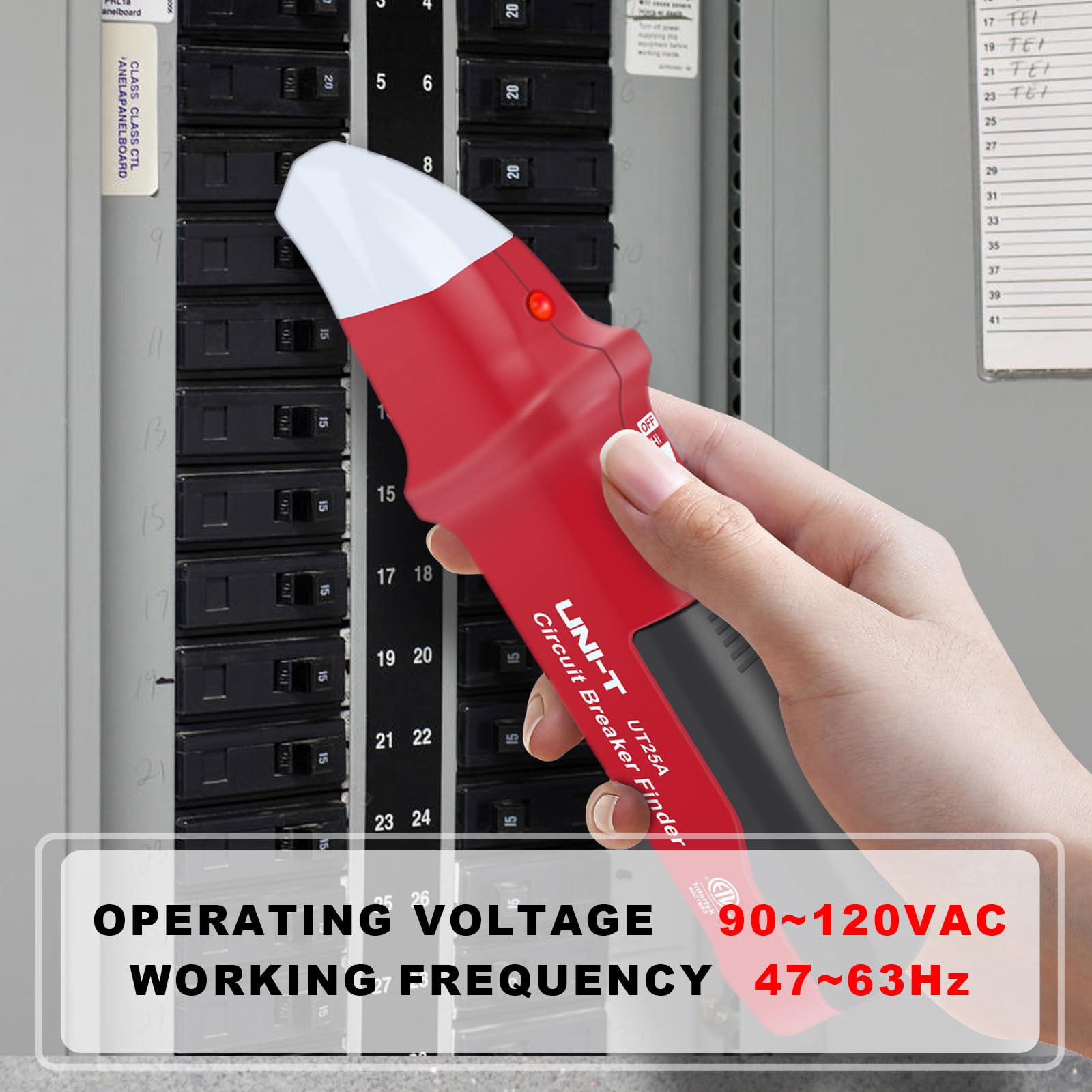 UNI-T UT25A transmitter plugged into an outlet enables safe GFCI testing.