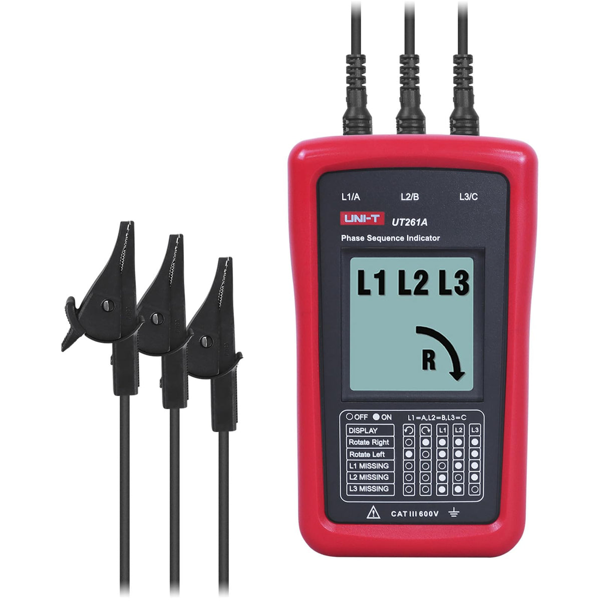 UNI-T UT261A rotation meter front view for phase sequence testing
