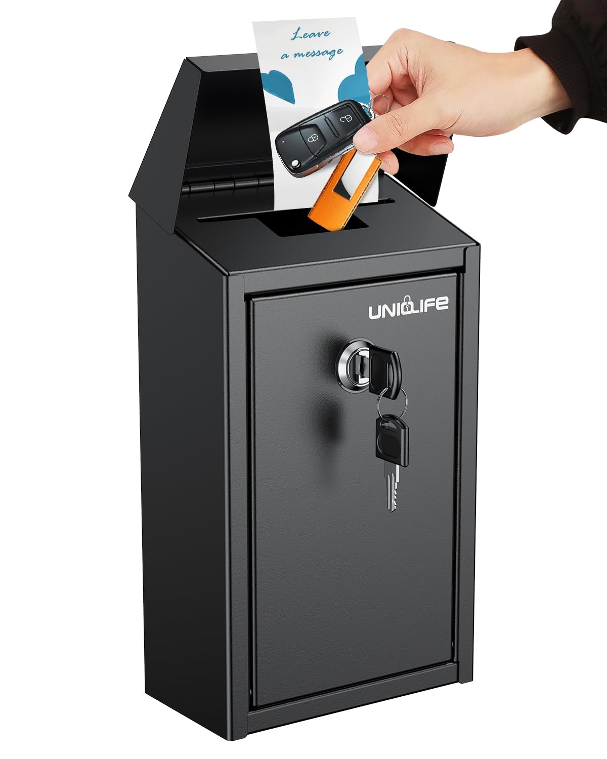 Uniclife wall-mounted donation box with top slot for secure, quick drops