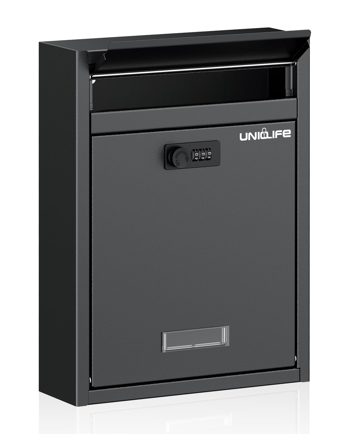 Uniclife wall-mount mailbox front opening for easy mail drop.