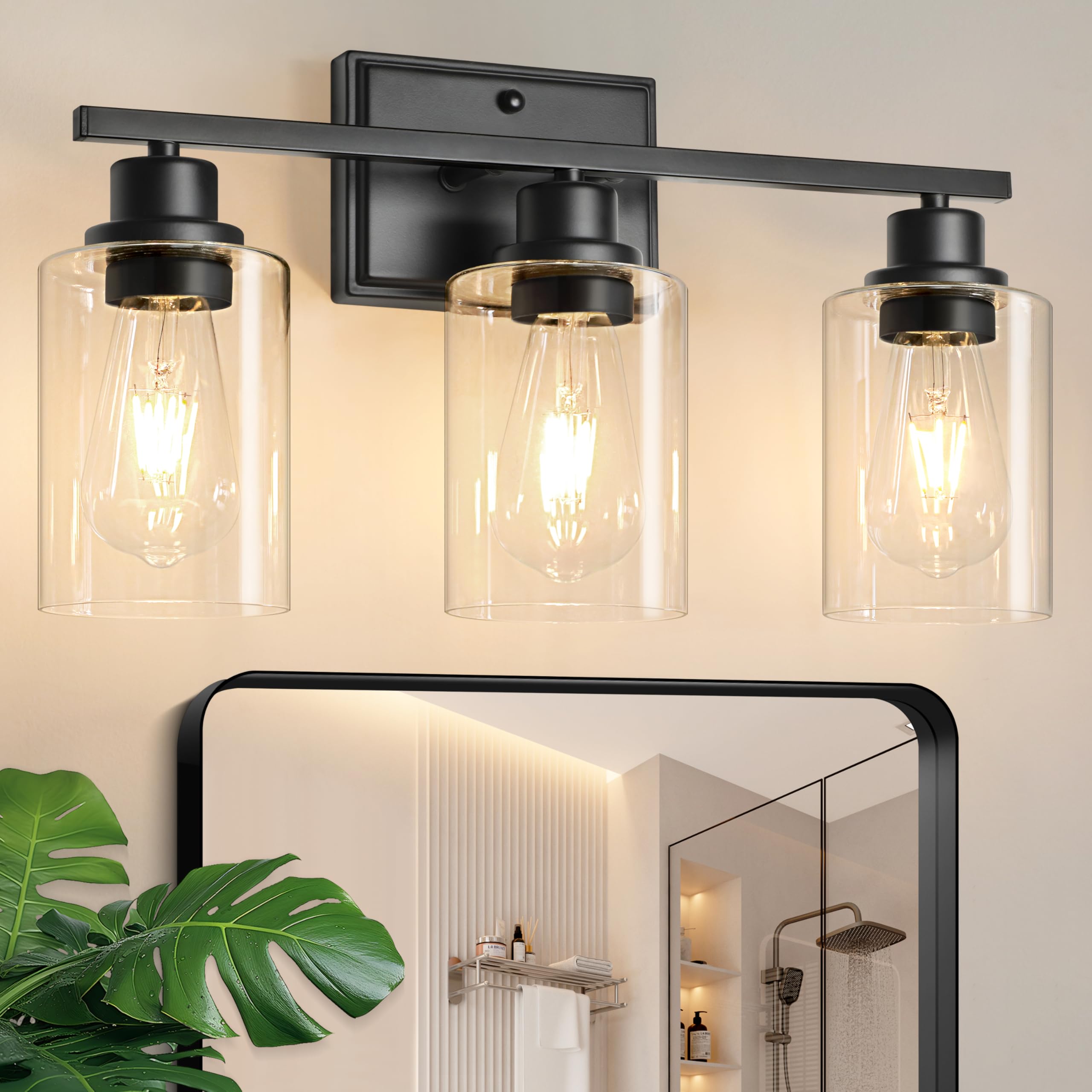 Unicozin 3-light vanity fixtures in matte black with clear glass for modern style.