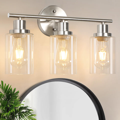 Unicozin 3-light vanity light above a bathroom mirror with brushed nickel finish for a refined look