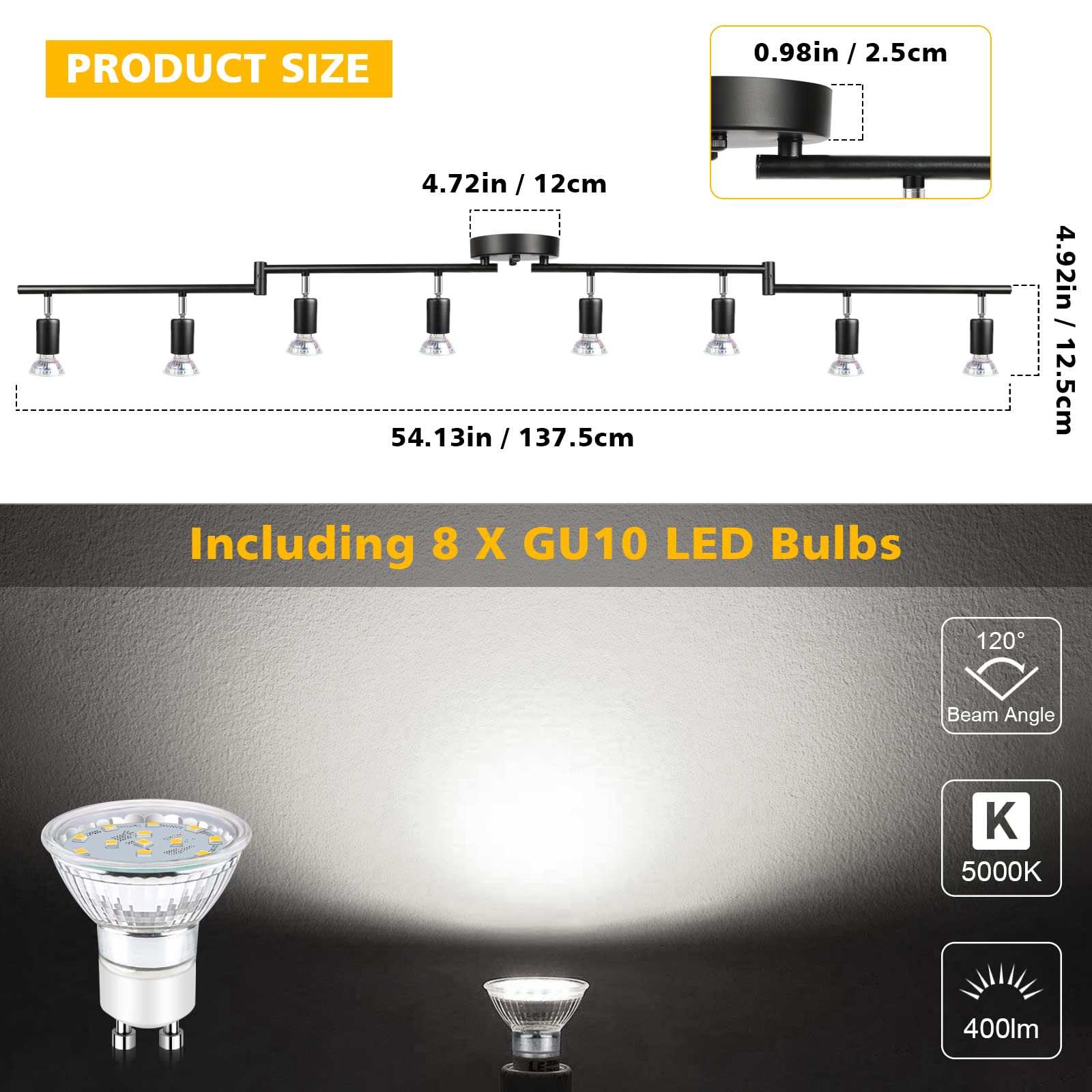 Unicozin eight 4W GU10 bulbs emit daylight white 5000K for accurate rendering.
