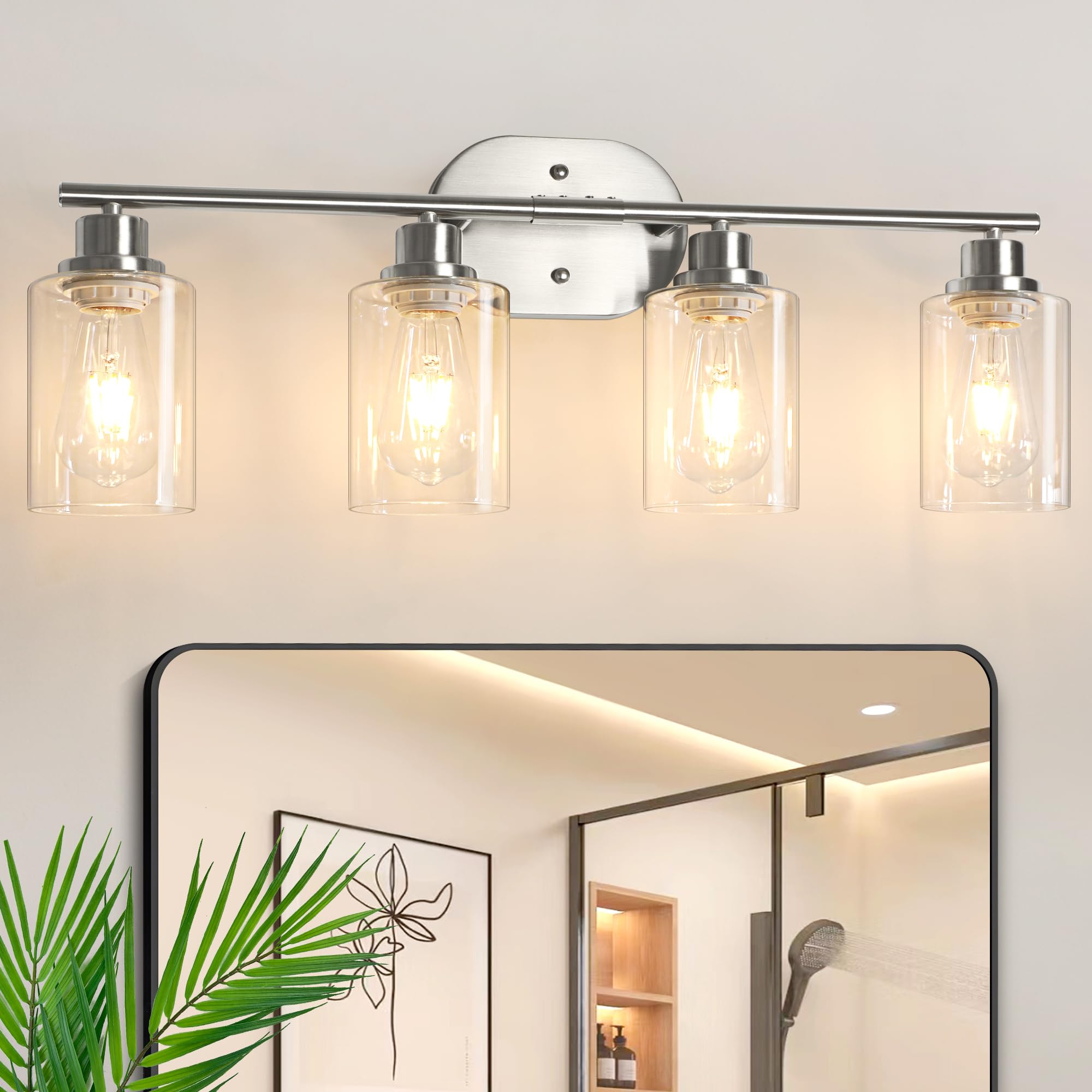Unicozin 4-light vanity front view with clear glass shades enhances mirror lighting