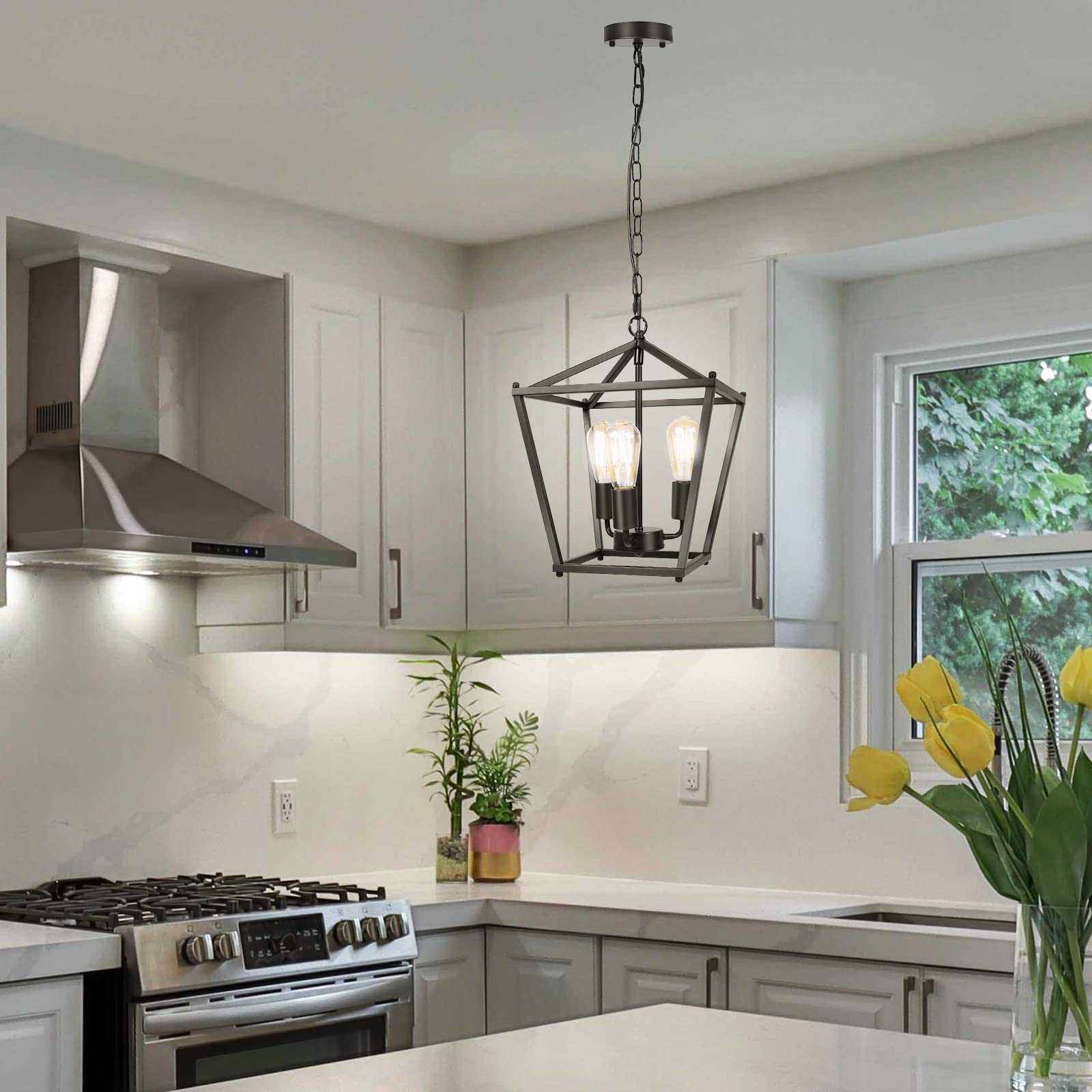 Unicozin lantern-chandelier metal cage enhances dining-room ambiance.