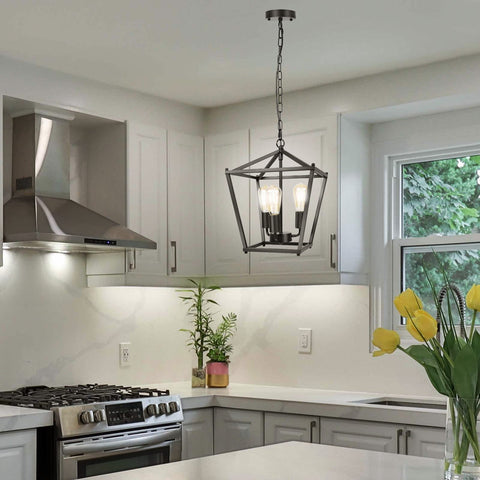 Unicozin lantern-chandelier metal cage enhances dining-room ambiance.