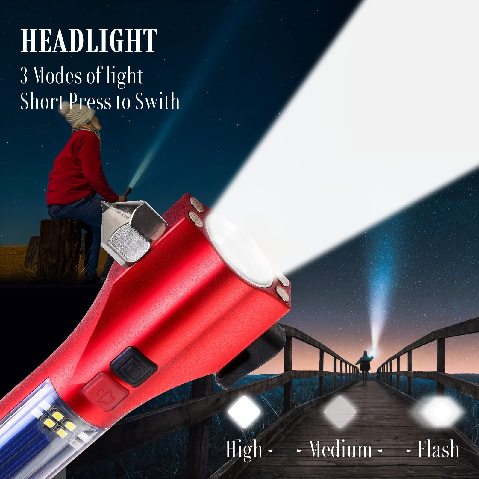 Unicumoo car emergency flashlight with seatbelt cutter aiding fast vehicle egress in crashes.