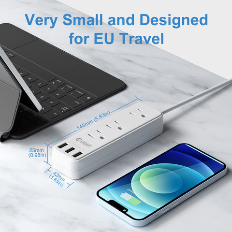 Unidapt 6-in-1 power strip with 3 AC outlets and 3 USB ports for travel.