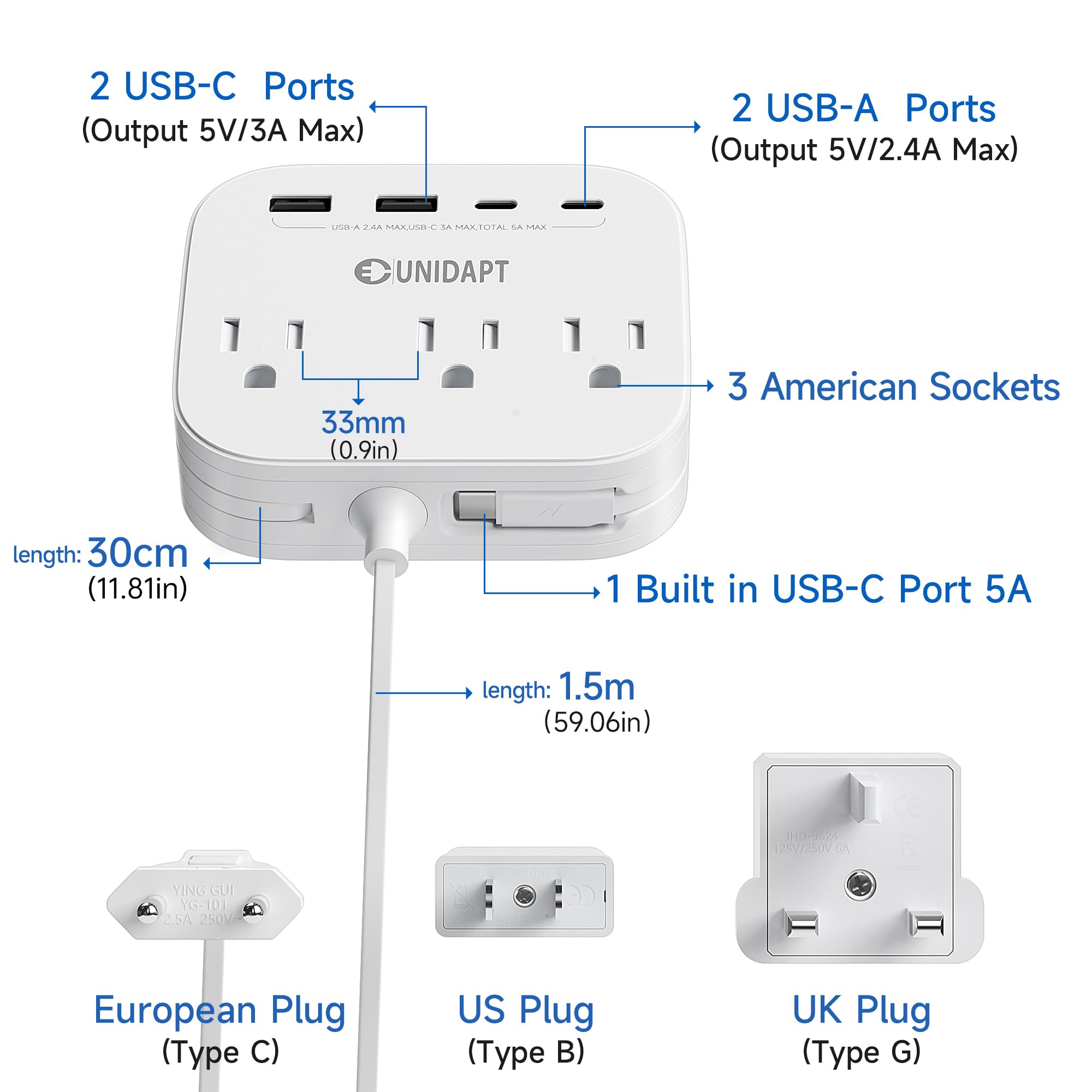 Unidapt built-in USB-C cable keeps charging simple and cables tidy.