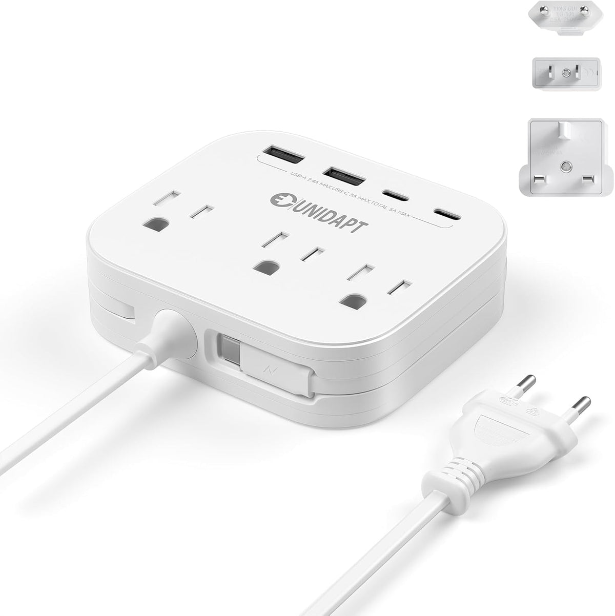 Unidapt compact power strip powers multiple devices on the go.