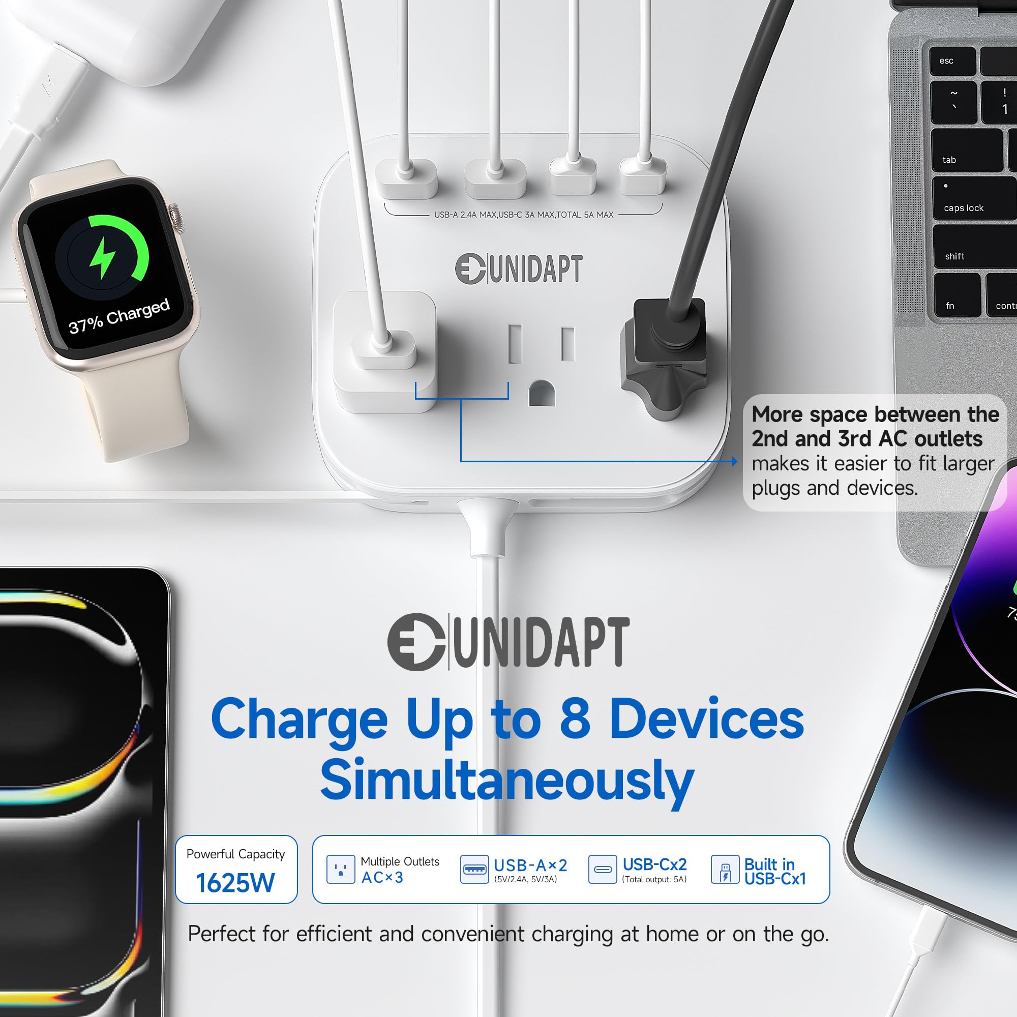 Unidapt international plug types EU UK US enable worldwide compatibility.