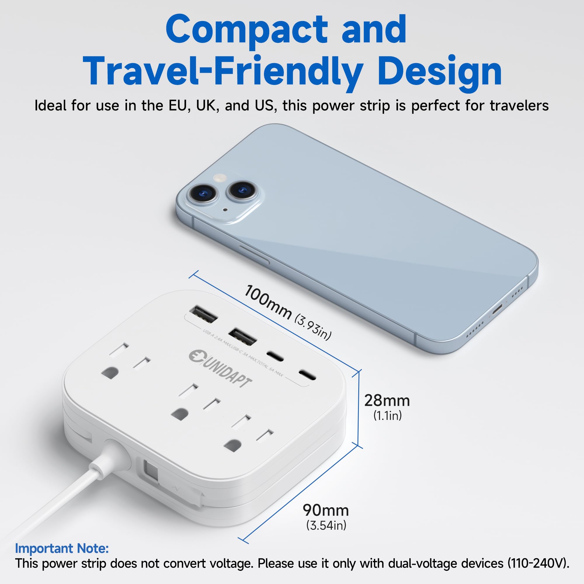Unidapt three AC outlets and four USB ports support versatile charging.