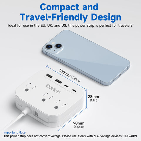 Unidapt three AC outlets and four USB ports support versatile charging.