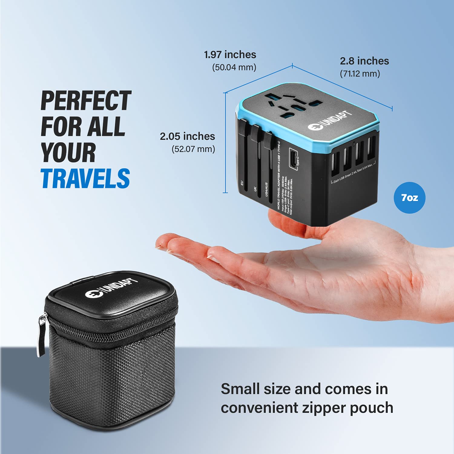 Unidapt adapter in compact travel case ready for packing and travel.