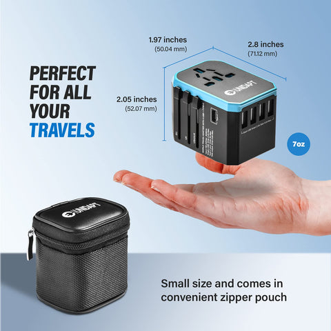 Unidapt adapter in compact travel case ready for packing and travel.