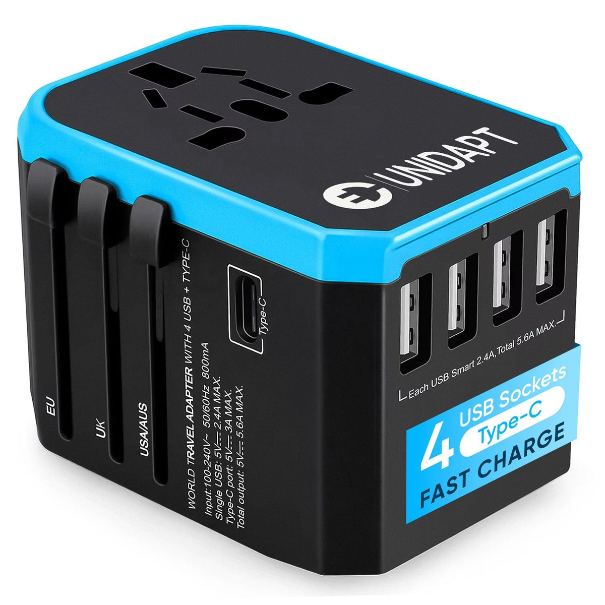 Unidapt universal travel adapter front view showing compact design for carry-on packing.