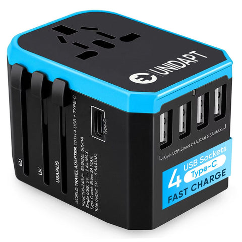 Unidapt universal travel adapter front view showing compact design for carry-on packing.