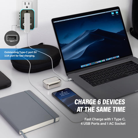 Unidapt adapter ports configuration with AC, USB-C, and USB-A for multiple devices.