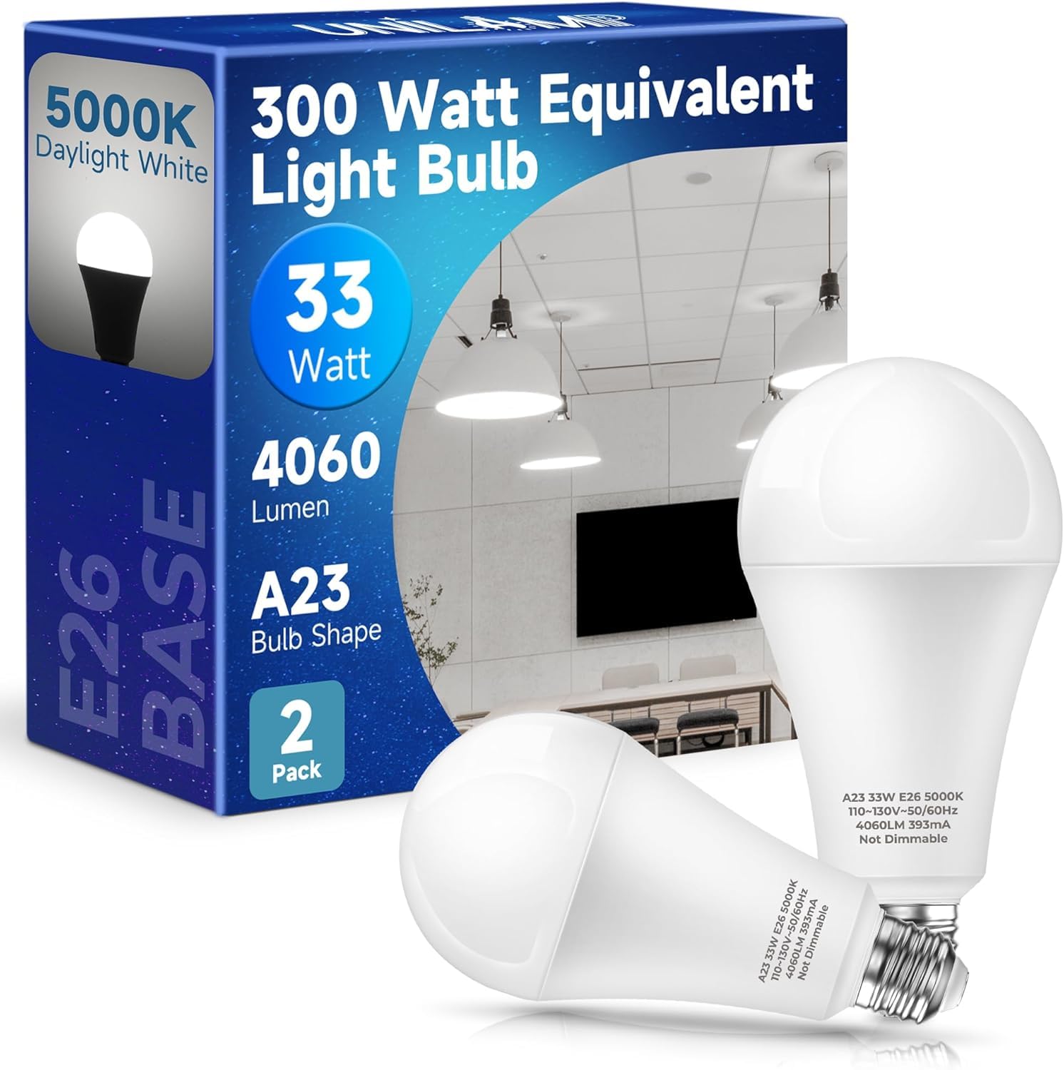 UNILAMP 300W LED bulb in a garage setup for bright, clear task visibility.