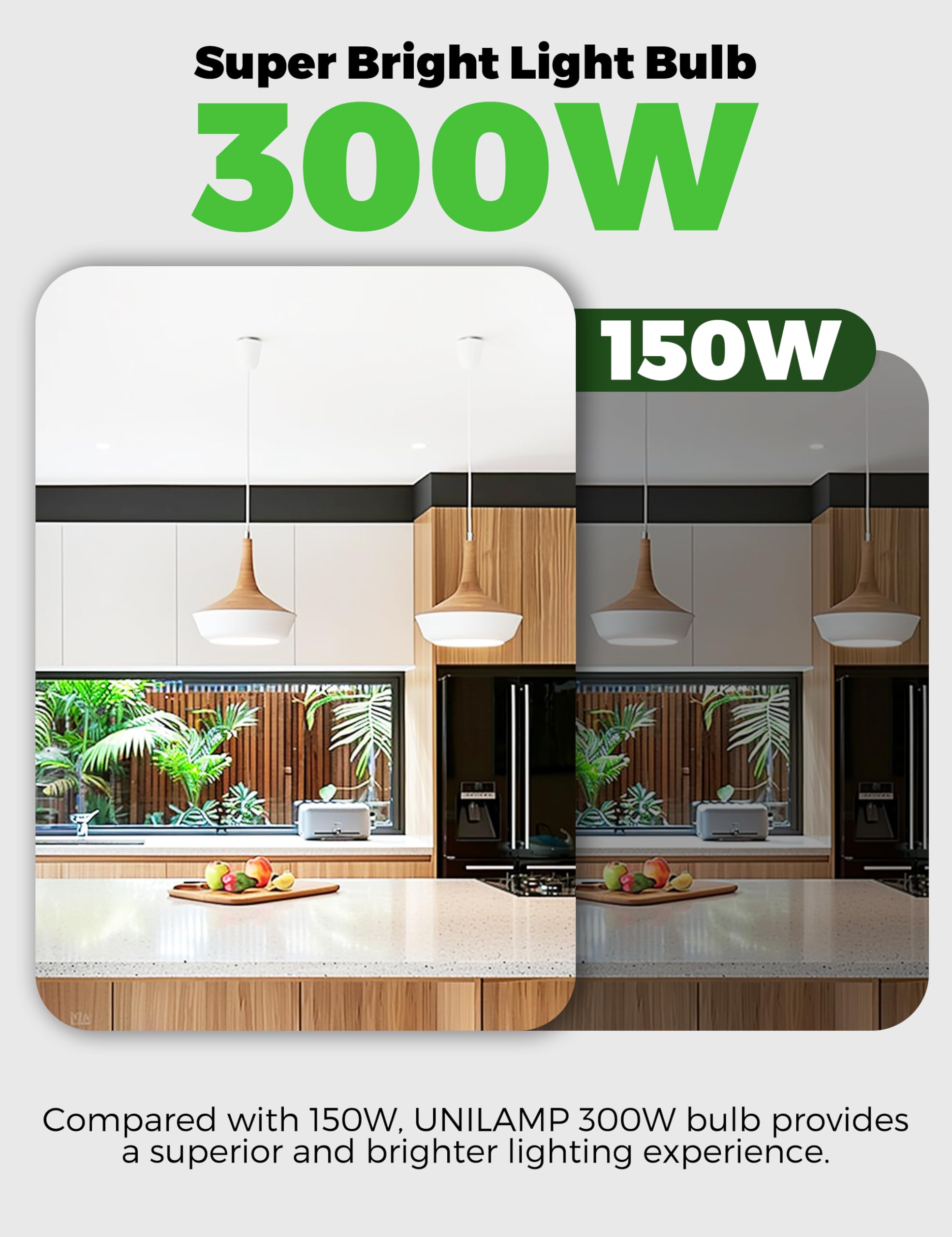 UNILAMP 300W LED bulb in workshop scene with instant full brightness.