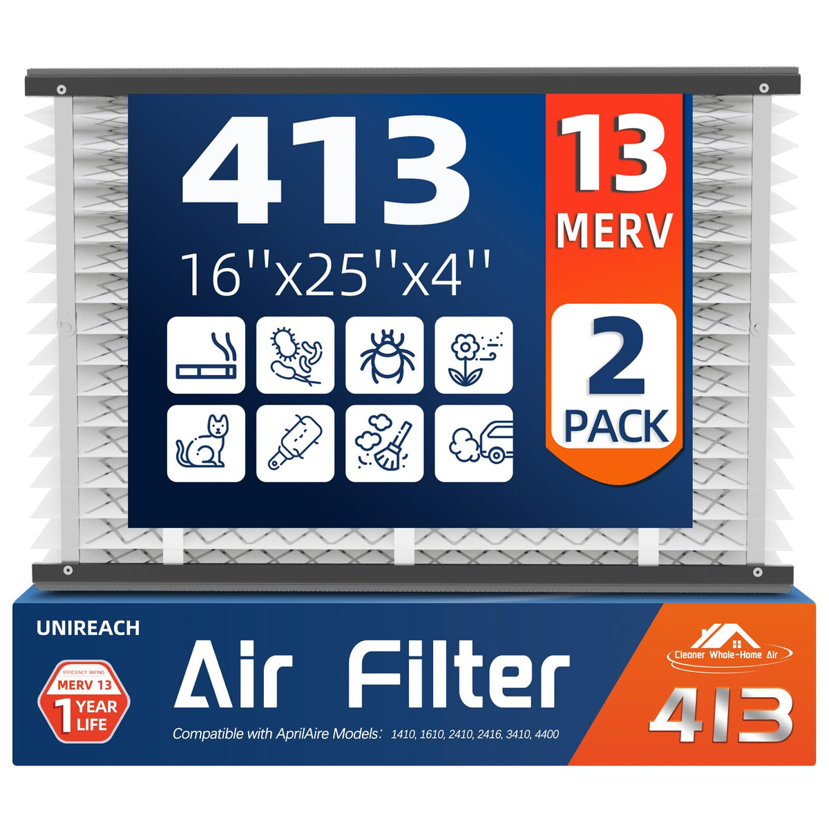 UNIREACH 413 replacement air filter front view for easy, tool-free installation.