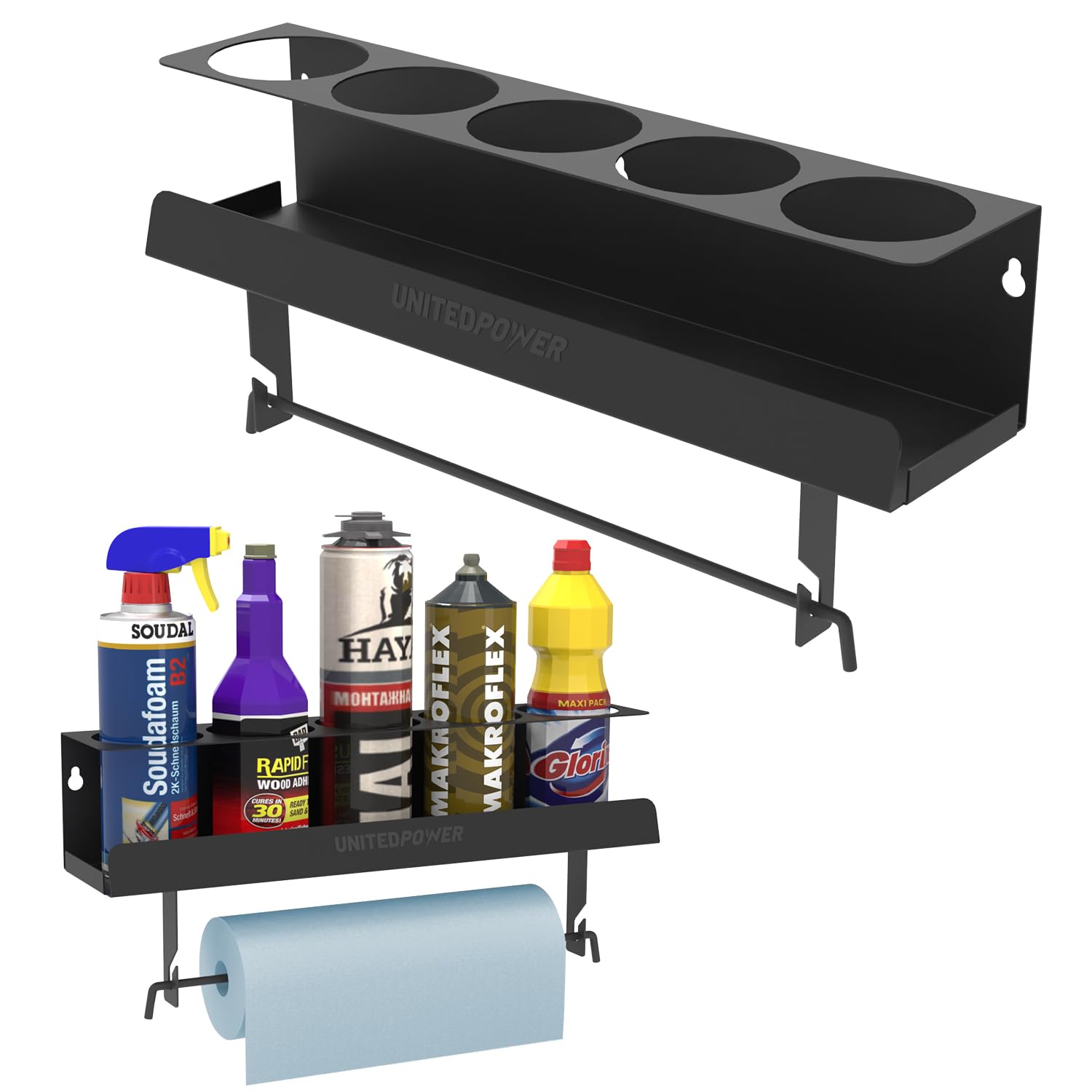 UNITEDPOWER 5-aerosol spray can holder mounted on wall keeps cans accessible.