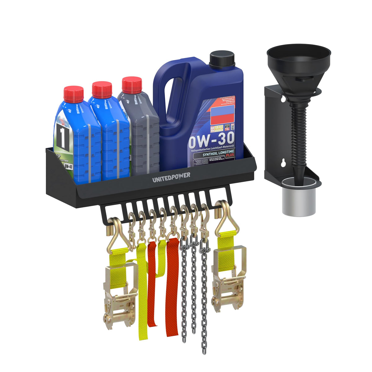 UnitedPower 6-quart oil rack mounted on wall for quick access and organized storage.