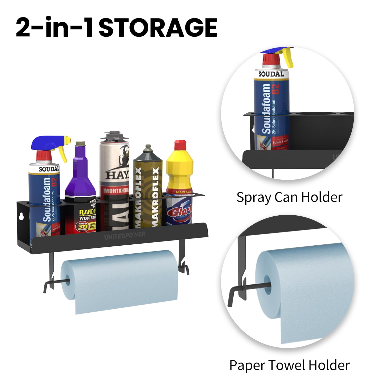 UNITEDPOWER bottle storage rack holds up to five bottles at a glance.