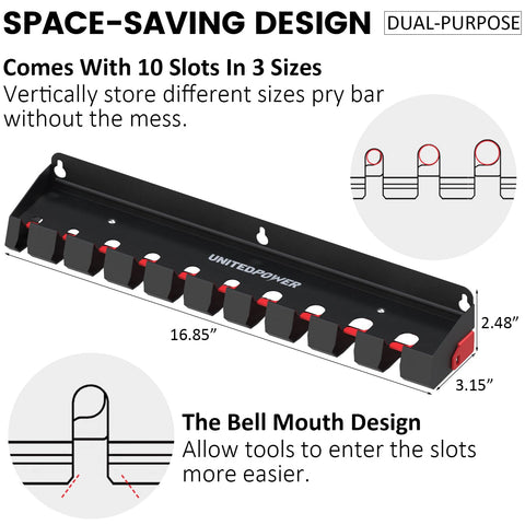 UNITEDPOWER locking pry bar rack securing tools in place.