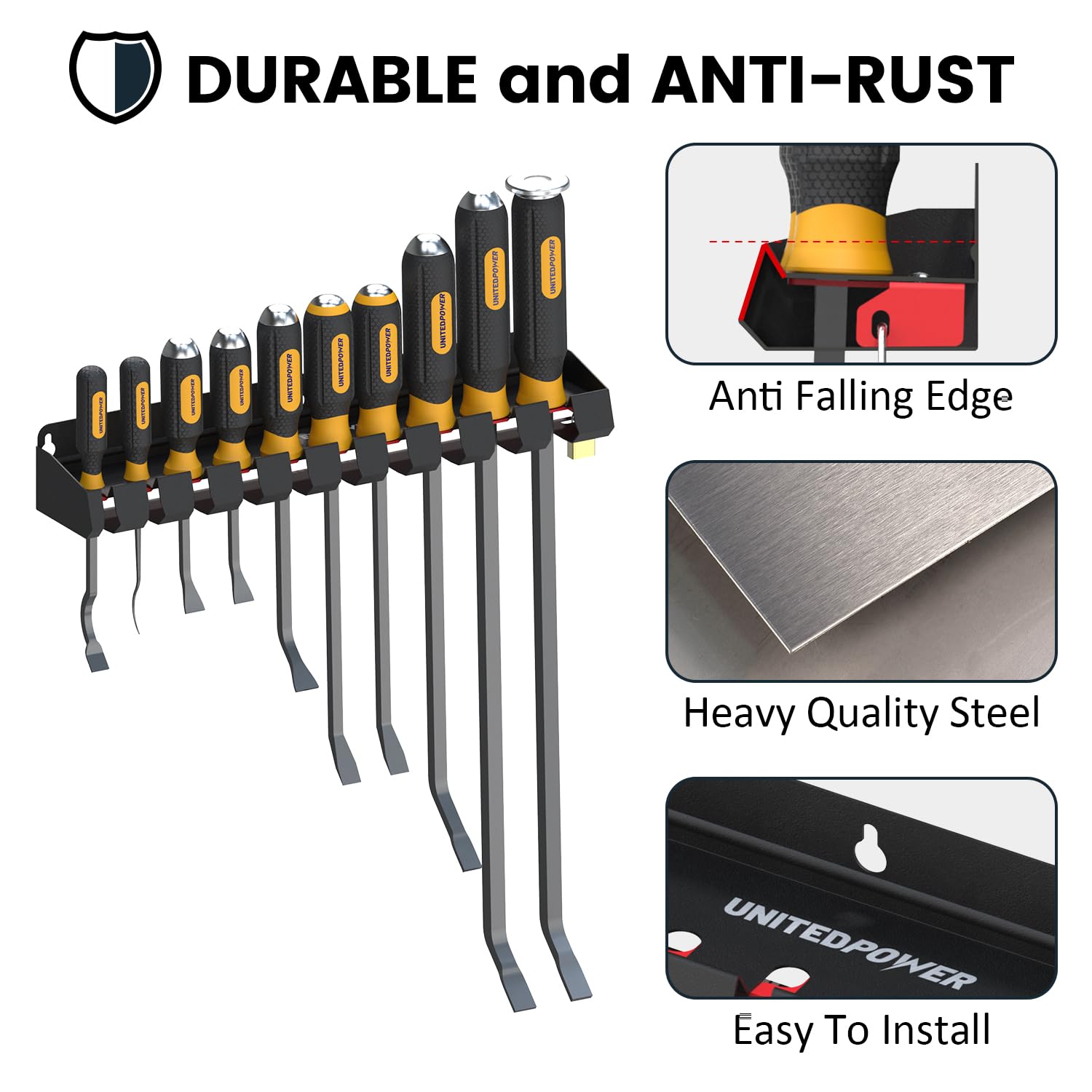 UNITEDPOWER powder-coated pry bar storage withstands busy workshop use.