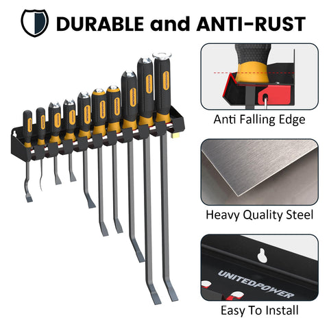 UNITEDPOWER powder-coated pry bar storage withstands busy workshop use.