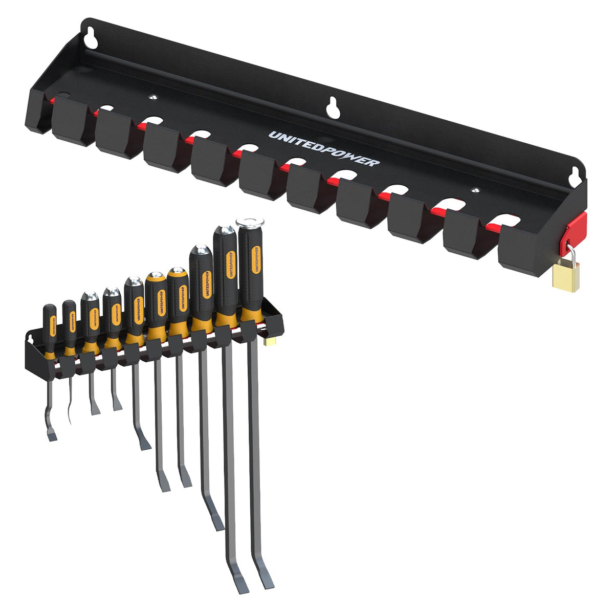 UNITEDPOWER pry bar holder wall mount for organized, quick access to bars.