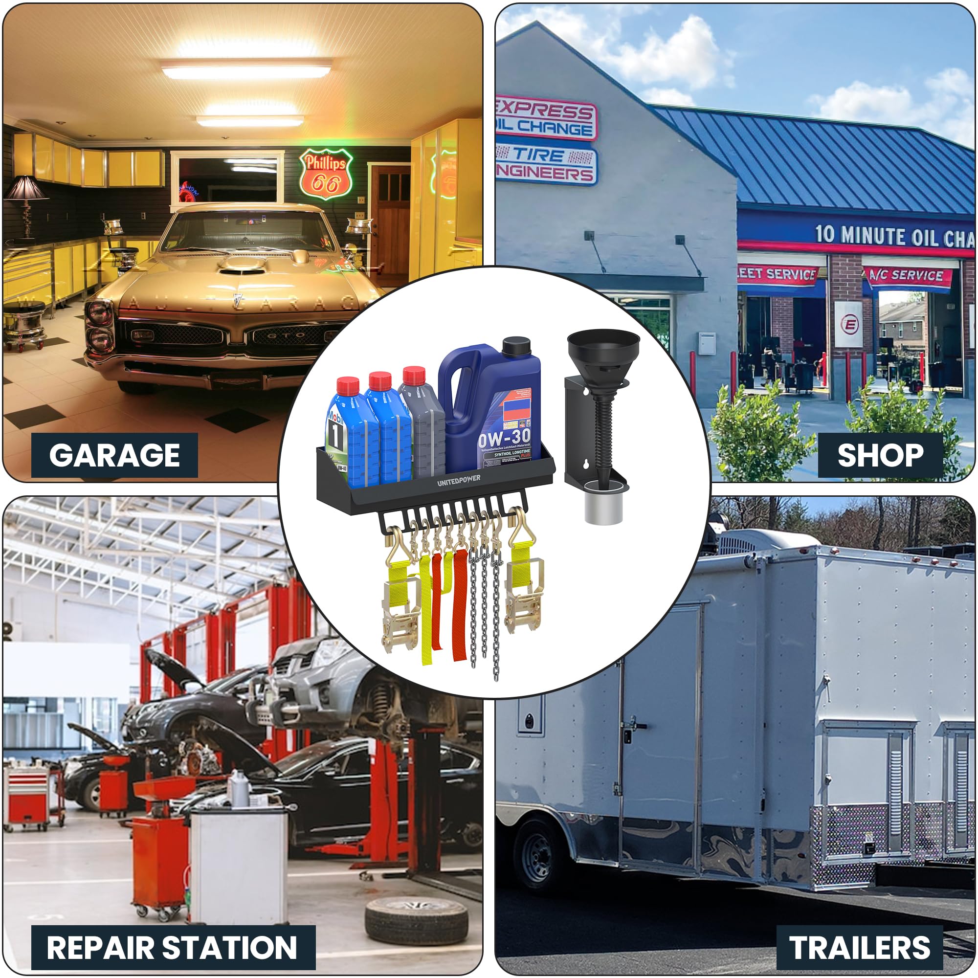UnitedPower rack keeps quart oil supply visible and accessible during projects.
