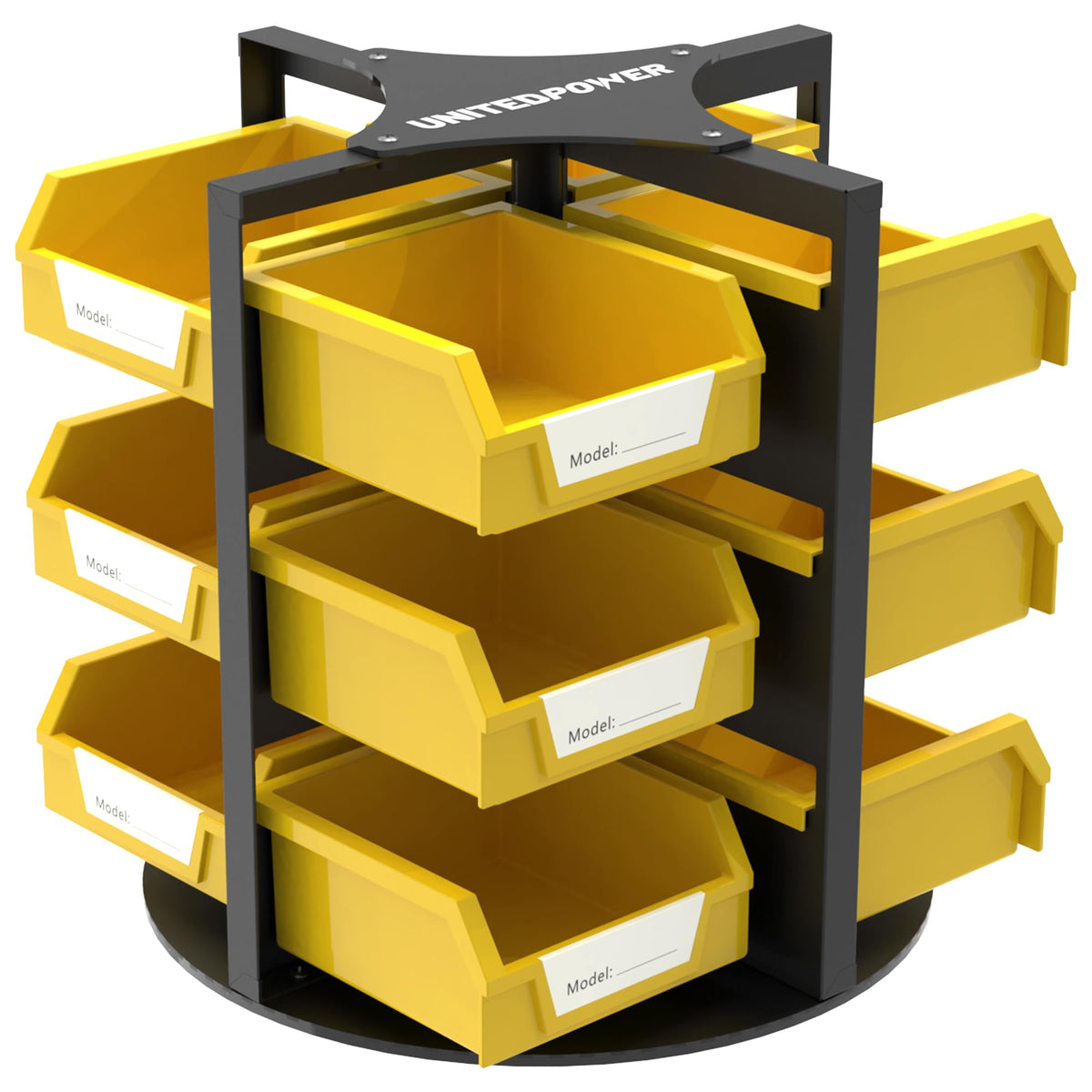 UNITEDPOWER rotating storage frame showing 12-bin organizer for easy tool access