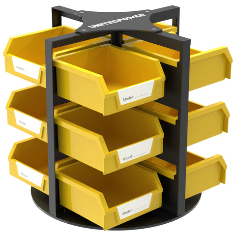 UNITEDPOWER rotating storage frame showing 12-bin organizer for easy tool access