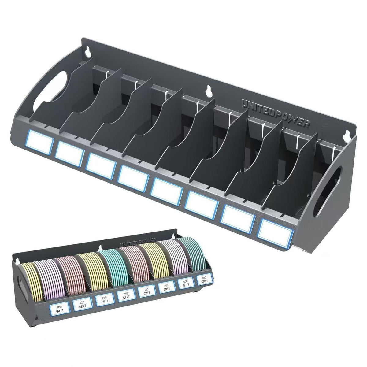 UNITEDPOWER sanding discs holder eight-slot wall mount for quick access and organized storage.