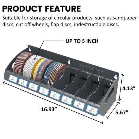 UNITEDPOWER sanding discs holder labels closeup for easy identification and quick selection.