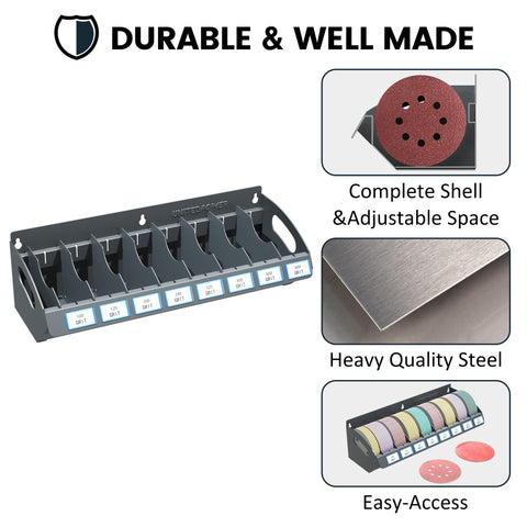 UNITEDPOWER sanding discs holder mounted on wall showing space-saving organization.
