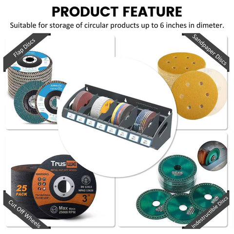 UNITEDPOWER sanding discs holder organized workshop with easy reach around bench.