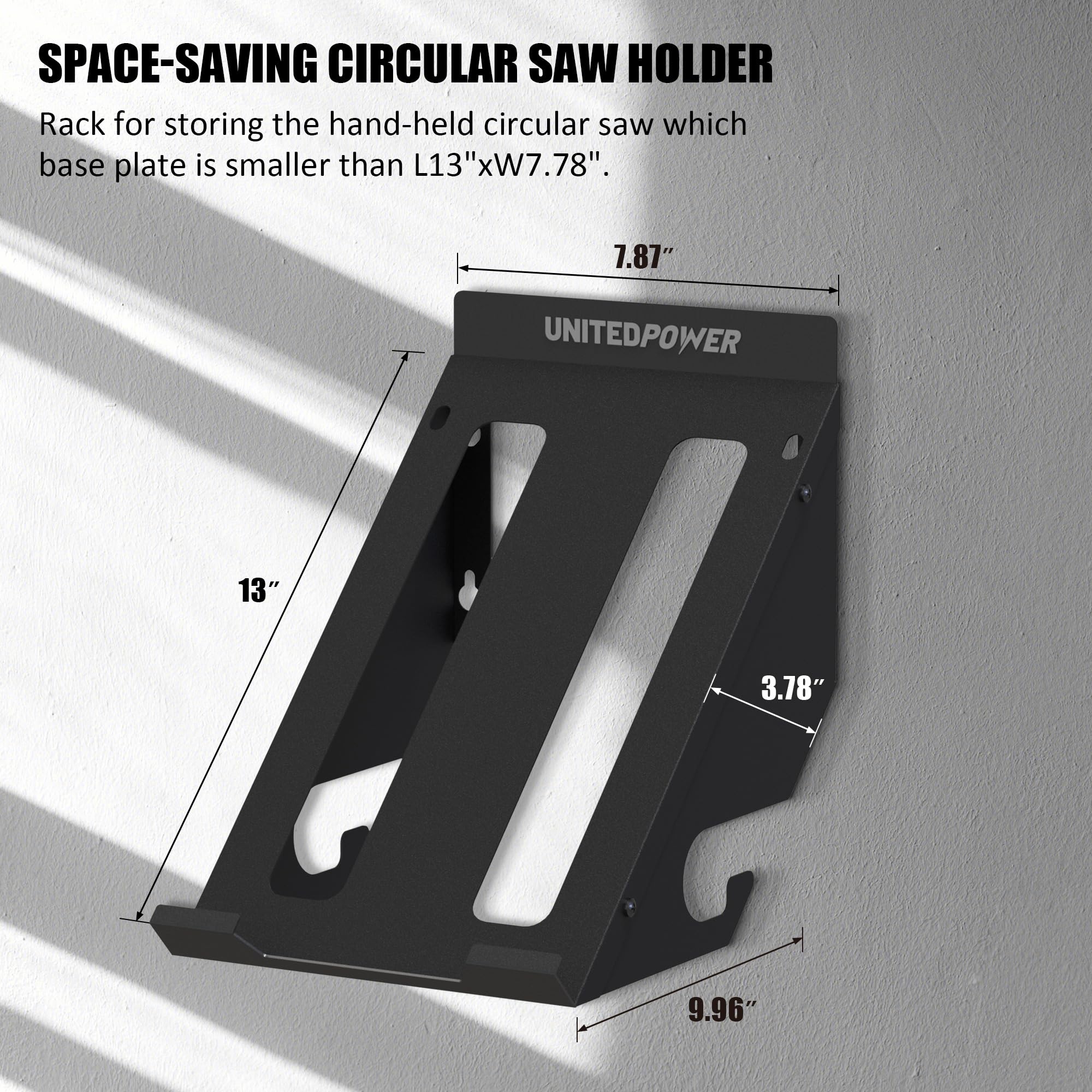 UnitedPower metal rack storing saw vertically to free floor space
