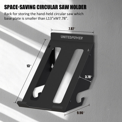 UnitedPower metal rack storing saw vertically to free floor space